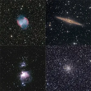 mosaïque d'objets du ciel profond (nébuleuses, galaxies, amas d'étoiles)