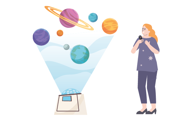 dessin d'une femme devant un système solaire projeté